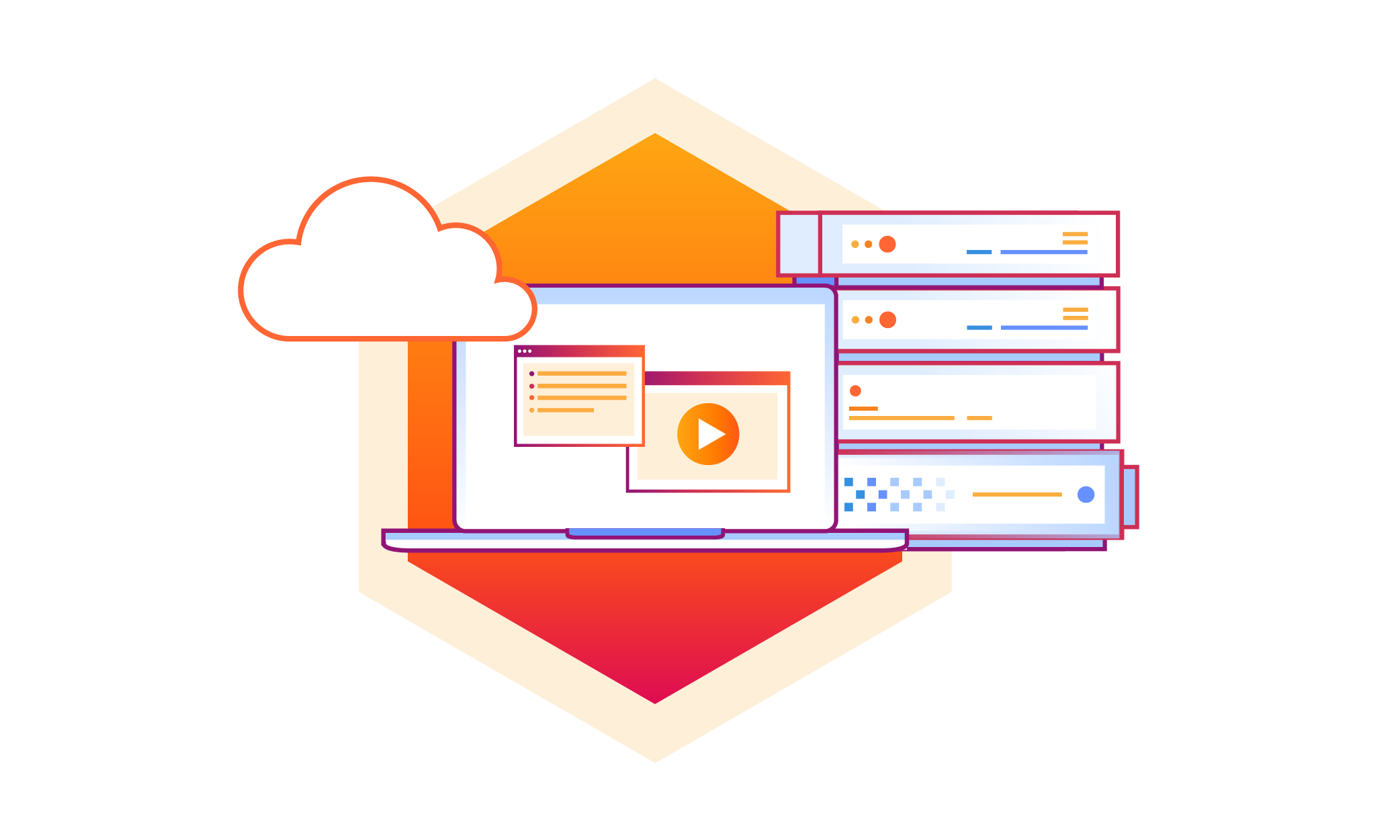 Illustration représentant un ordinateur portable, des serveurs et le cloud
