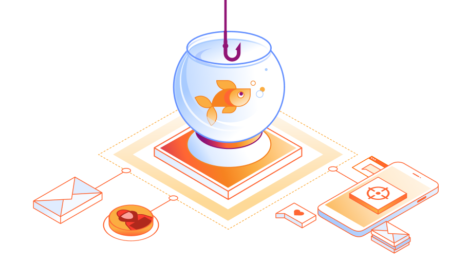 Illustration einer Fischschale auf einem Laptop, über der ein Angelhaken nach dem Fisch in der Schale greift. 